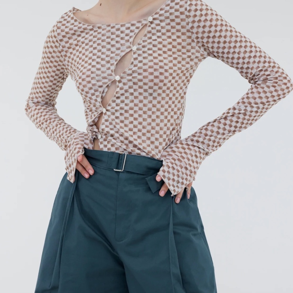 Diagonal Button Up Second-Skin Top, Milk Chocolate